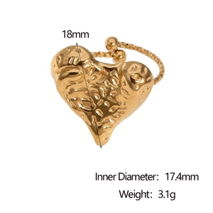 18k gold plated stainless steel heart ring with hammered texture and open adjustable band