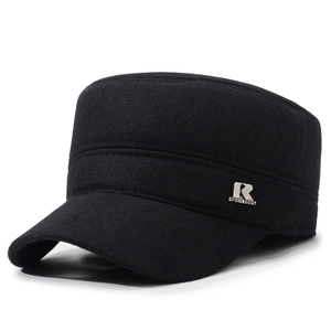 Men's winter flat top military cap in black with fleece lining and metal side logo