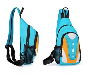 Detail view of multifunctional blue oxford chest bag with mesh water bottle holder