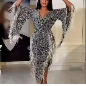 Sparkly silver sequin fringe mini dress with deep V-neck and long sleeves for parties