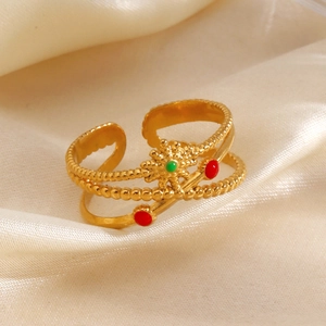 Vintage sun pattern gold-plated stainless steel ring with colorful enamel beads