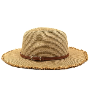 Minimalist summer straw jazz fedora with raw fringe edges and brown leather band