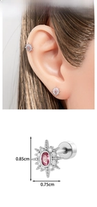 Detailed view of sunburst ear stud with pink oval zircon and silver screw flat back