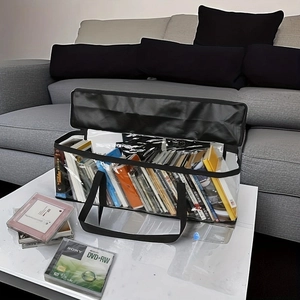 Macro shot of waterproof transparent PVC storage bag with reinforced black woven handles