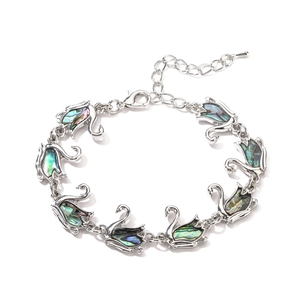 Silver swan bracelet with colorful abalone shell inlay and adjustable extension chain