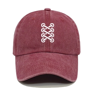Close-up of vintage washed burgundy cotton baseball cap with white corset lacing print