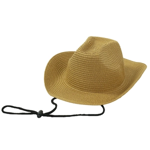 Detail of woven straw cowboy hat with adjustable black chin strap on white background