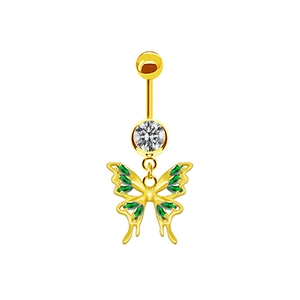 Detailed view of golden navel ring featuring a sparkling green gemstone butterfly pendant