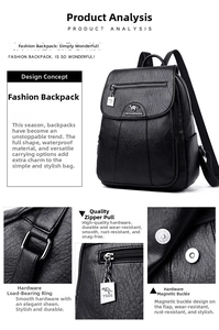 Close-up of waterproof black litchi pattern leather backpack with metal zipper details