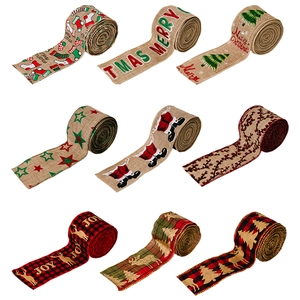 Nine rolls of Christmas burlap ribbons featuring reindeer, trees, and plaid patterns