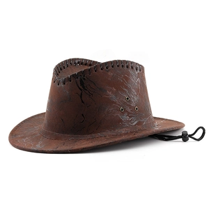 Detail of distressed brown cowboy hat with decorative stitching and windproof rope