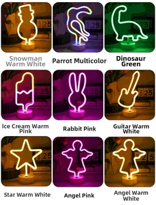 Collage of LED neon night lights in various shapes like snowman and dinosaur with round base