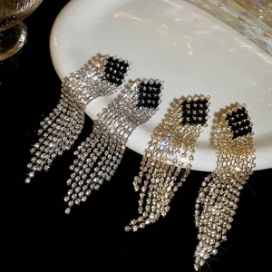 Silver needle rhombus tassel earrings with glittering rhinestones in gold and silver