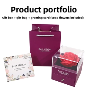 Preserved rose jewelry gift box with transparent acrylic lid and matching paper bag