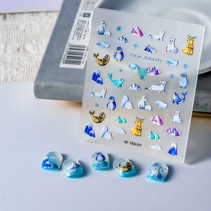 5D Embossed Nail Art Stickers Polar Animals Penguin Polar Bear Design Self Adhesive Cute Cartoon Manicure Decoration