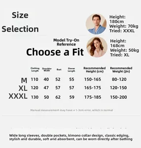 Detailed size chart with height and weight guide for long-sleeved absorbent cotton bathrobes