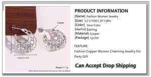 Detailed size specifications for silver hollow C-shape copper earrings in 18k gold plating
