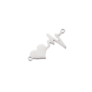 Polished silver heart heartbeat pendant with stainless steel connectors for DIY jewelry