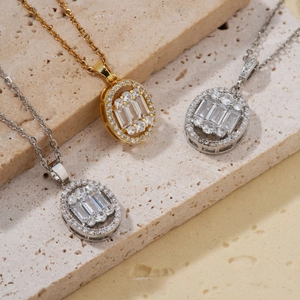 Elegant gold and silver oval pendant necklaces with rectangular zircon stones