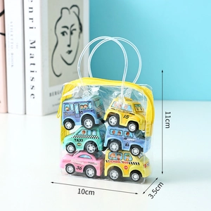 Compact set of 6 mini toy cars in a transparent bag with clear dimensions 11x10x3.5cm