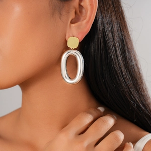 Minimalist 18k gold plated square and silver oval geometric hoop earrings for women