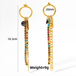 Detailed size view of gold tassel earrings with colorful rhinestones and black crystal
