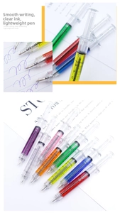 Detail of colorful syringe shaped ballpoint pens with liquid filling and measurement scales