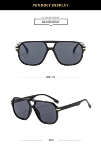 Front and side profile of classic double-bridge pilot sunglasses in black and gray