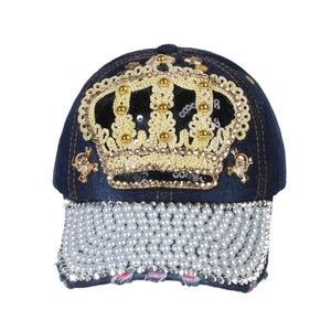 Denim baseball cap with gold crown embroidery, sequins and pearls on curved brim