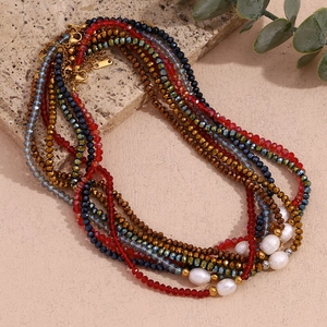 Retro multilayer beaded necklace with freshwater pearls and colorful faceted crystals