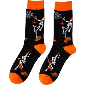 Close-up of Halloween mid-calf socks with knitted skull, spider web, and pumpkin patterns