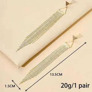 Elegant gold long tassel dangle earrings with geometric triangles for party dresses