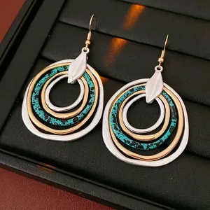 Bohemian Multi Layer Nested Circle Drop Earrings With Silver Earring Post Retro Ethnic Alloy Jewelry For Women