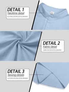 Detail view of light blue linen shirt fabric texture and collar stitching in high quality