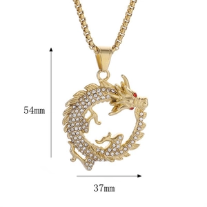 Gold-plated hip hop dragon pendant necklace with rhinestones and red eyes, 54mm by 37mm