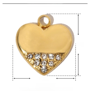 Detail of 11mm x 10mm golden stainless steel heart pendant with crystal rhinestones