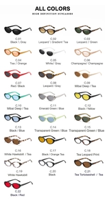 Detailed grid display of oval sunglasses in 22 colors with various frames and tinted lenses