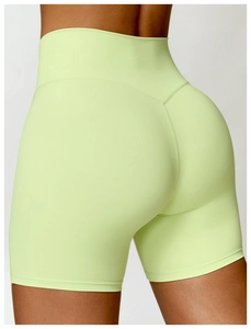 Vue arrière du short de yoga vert citron à taille haute avec couture effet push-up