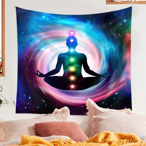 Detail of meditation tapestry featuring 7 chakras and vibrant galaxy background