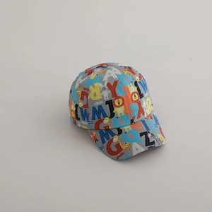 Detail of grey kids baseball cap with colorful cartoon animal and letter prints