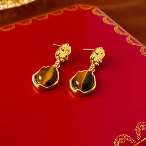 Macro shot of gold plated teardrop earrings with brown tiger eye stone on red box