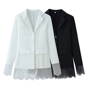Women's fashion blazer jackets with lace splicing in black and white colors
