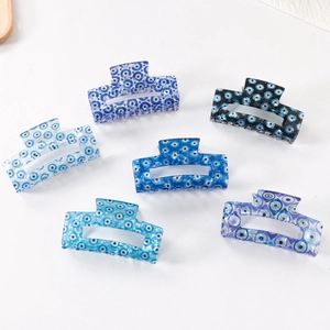 Set of six blue evil eye printed square hair claws in premium semi-transparent acrylic