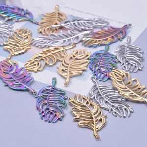 Polished hollow feather charms in gold, silver and rainbow for DIY jewelry necklaces