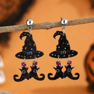 Halloween witch hat and boots earrings set with black and purple star pattern