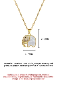 Detailed view of titanium steel elephant necklace with zircon and shell inlay measurements