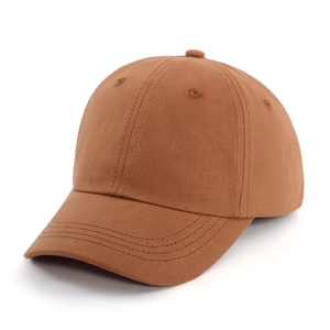 Detail view of cotton twill baseball cap showing stitch lines and six-panel crown