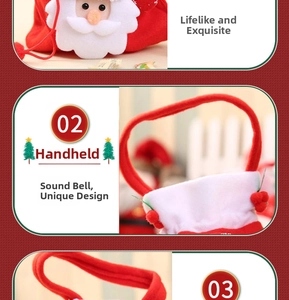 Detail of red plush Christmas gift bag with 3D Santa Claus figure and small bells