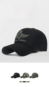 Detailed embroidery of shield and eagle wings on a tactical camouflage baseball cap