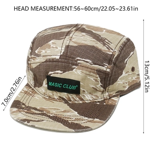 Detailed view of tiger camo 5-panel baseball cap with Masic Club logo and dimensions